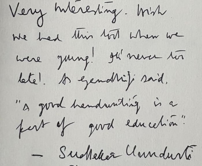 Handwritten note: Very interesting. Wish we had this tool when we were young! It's never too late. As Gandhiji said, a good handwriting is a part of good education.